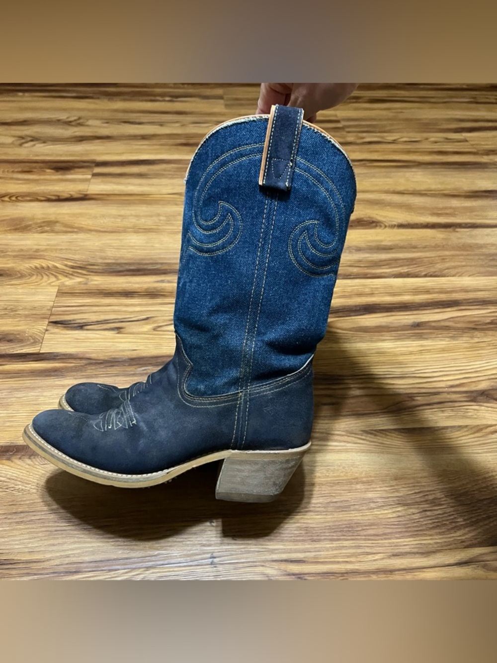 Men's Dark Blue Denim & Suede Western Boots - Picture 3 of 7